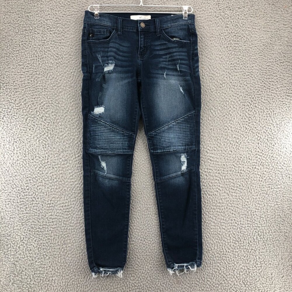 KanCan Jeans Women 26 Blue Medium Wash Denim Moto Distressed Fray Skinny Stretch
